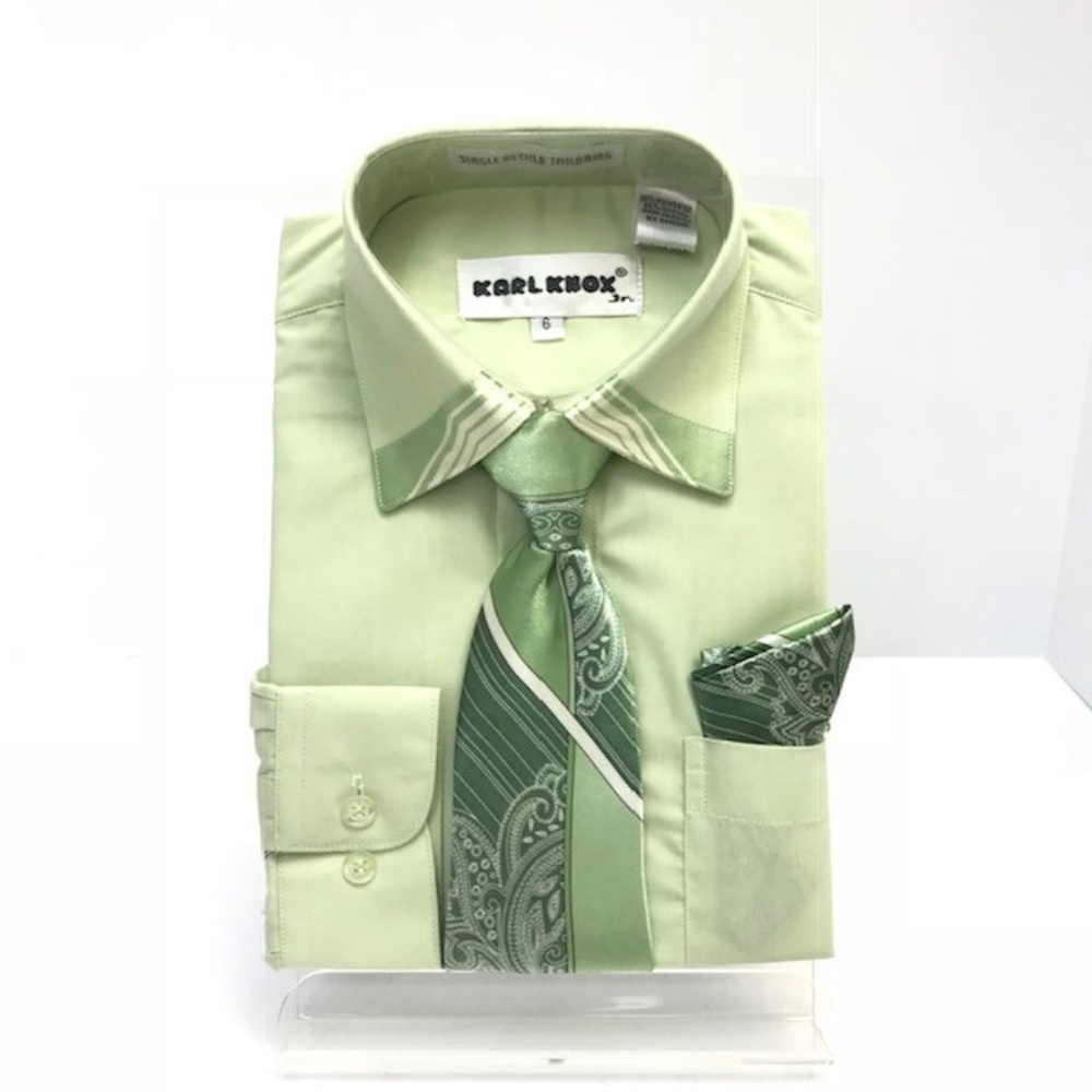 Karl Knox Boys Green Cream Dress Shirt with Green Cream Black Tie & Hanky Set